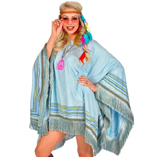 Poncho de camurça azul com franjas – Fantasia indiana ou hippie para mulheres