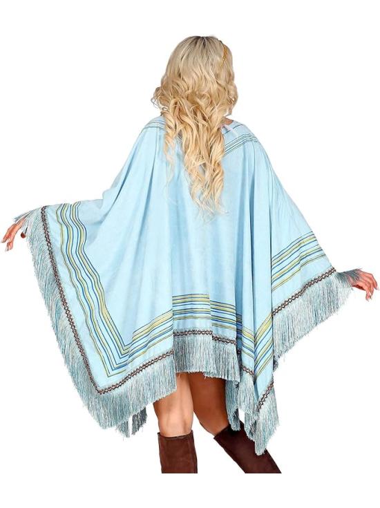 Poncho de camurça azul com franjas – Fantasia indiana ou hippie para mulheres