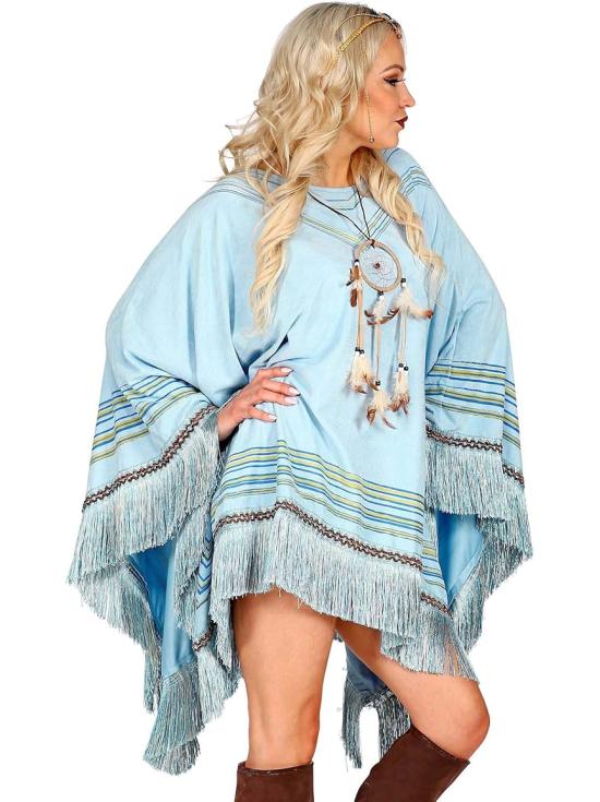 Poncho de camurça azul com franjas – Fantasia indiana ou hippie para mulheres