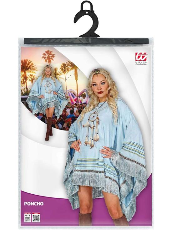 Poncho de camurça azul com franjas – Fantasia indiana ou hippie para mulheres