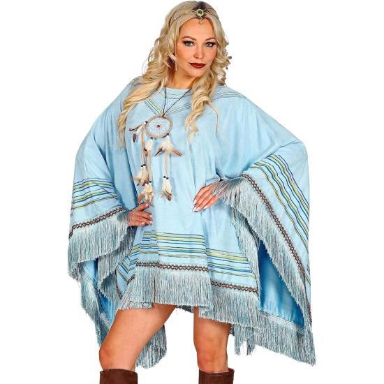 Poncho de camurça azul com franjas – Fantasia indiana ou hippie para mulheres
