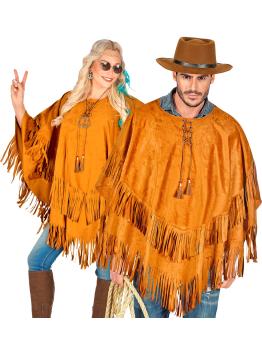 Poncho de camurça com franjas – Fantasia adulta de hippie, índio, reggae e cowboy
