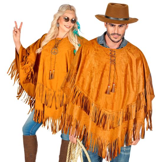 Poncho de camurça com franjas – Fantasia adulta de hippie, índio, reggae e cowboy