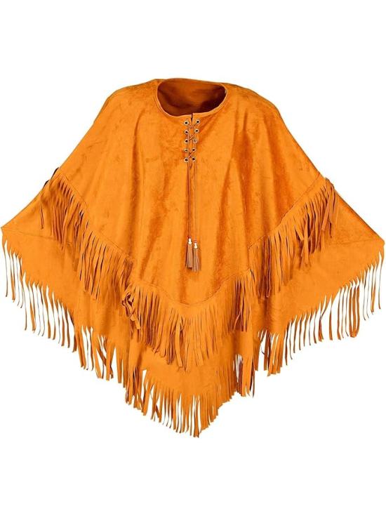 Poncho de camurça com franjas – Fantasia adulta de hippie, índio, reggae e cowboy