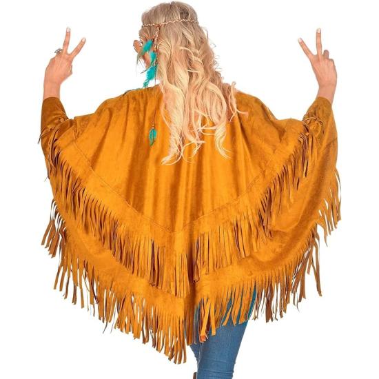 Poncho de camurça com franjas – Fantasia adulta de hippie, índio, reggae e cowboy