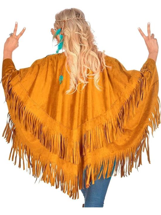 Poncho de camurça com franjas – Fantasia adulta de hippie, índio, reggae e cowboy