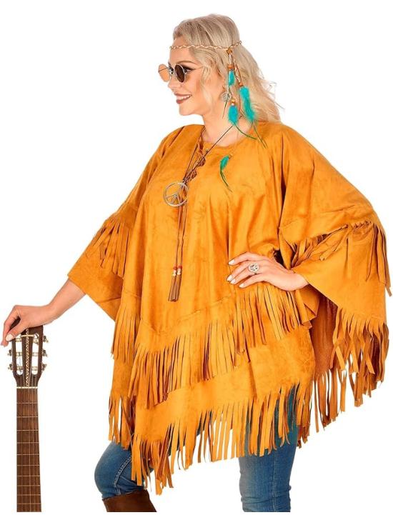 Poncho de camurça com franjas – Fantasia adulta de hippie, índio, reggae e cowboy