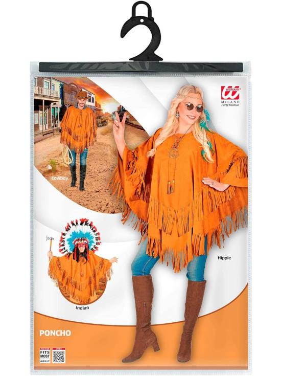 Poncho de camurça com franjas – Fantasia adulta de hippie, índio, reggae e cowboy