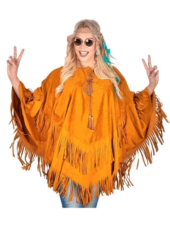 Poncho de camurça com franjas – Fantasia adulta de hippie, índio, reggae e cowboy