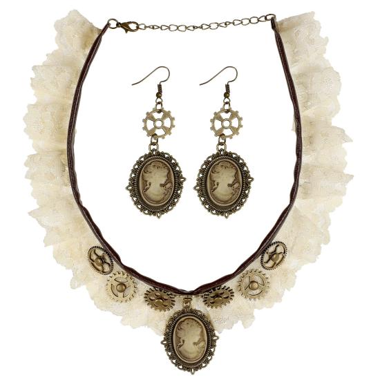 Conjunto de colar e brincos de renda Steampunk
