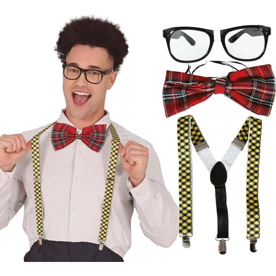 Conjunto de acessórios Nerd com óculos, gravata borboleta e suspensórios