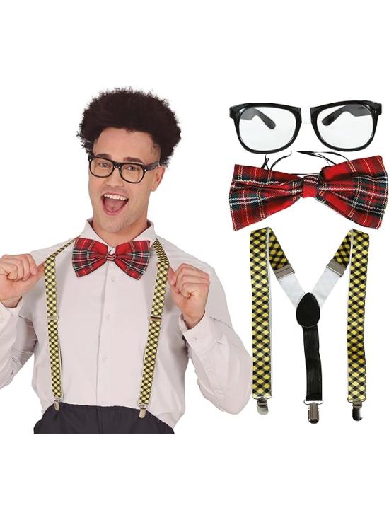 Conjunto de acessórios Nerd com óculos, gravata borboleta e suspensórios