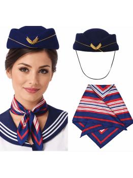 Conjunto de comissária de bordo de duas peças com chapéu e lenço.
