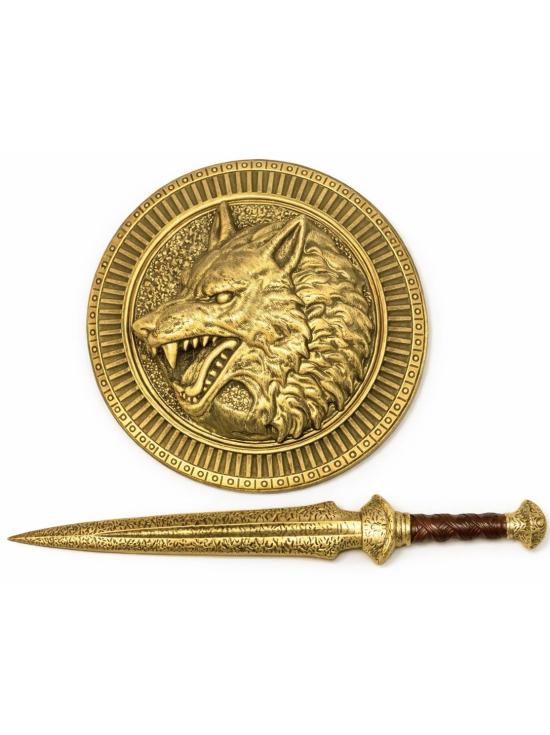 Conjunto de escudo e espada de gladiador com estampa de lobo.