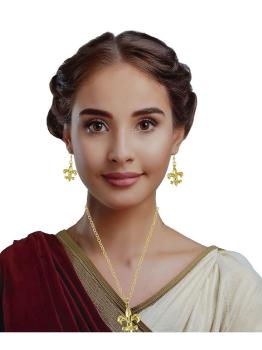 Conjunto de joias romanas douradas – colar e brincos para trajes de imperatrizes, patrícias e damas da Roma Antiga