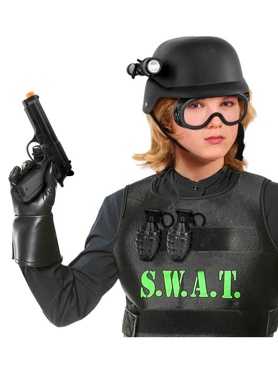 Conjunto de brinquedos SWAT – capacete, pistola, óculos táticos, lanterna e 2 granadas