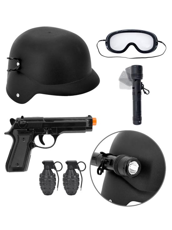 Conjunto de brinquedos SWAT – capacete, pistola, óculos táticos, lanterna e 2 granadas