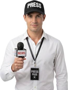 Kit de Jornalismo com 3 Peças – Boné de Imprensa, Microfone de Notícias e Credencial de Imprensa