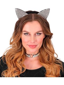 Conjunto de gatinho de luxo (orelhas e coleira) em veludo e strass