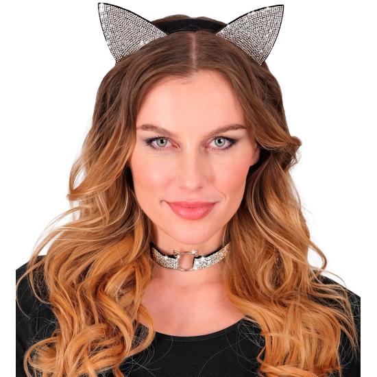 Conjunto de gatinho de luxo (orelhas e coleira) em veludo e strass