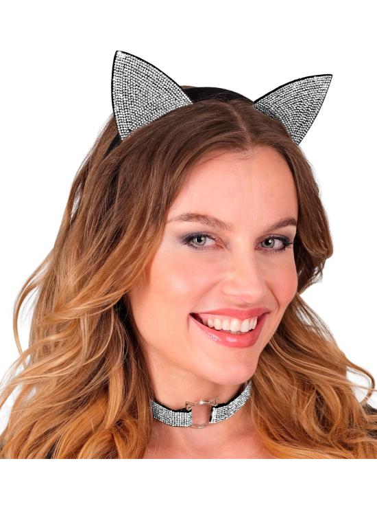 Conjunto de gatinho de luxo (orelhas e coleira) em veludo e strass