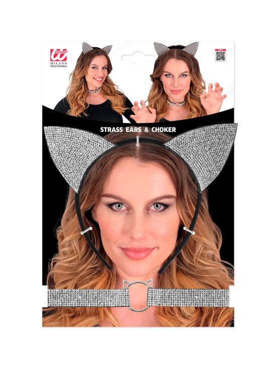 Conjunto de gatinho de luxo (orelhas e coleira) em veludo e strass