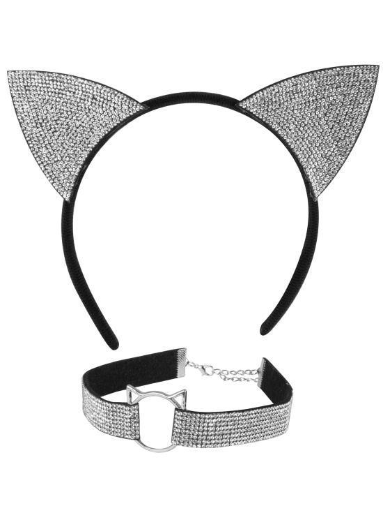 Conjunto de gatinho de luxo (orelhas e coleira) em veludo e strass