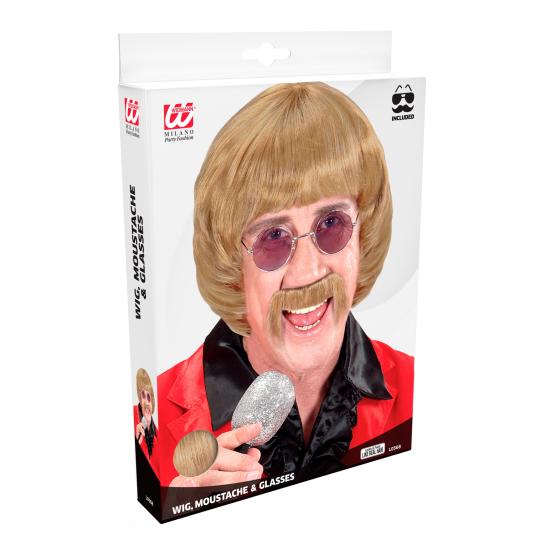 Conjunto de perucas “Homem da Música” dos anos 60 – Loira com bigode e óculos