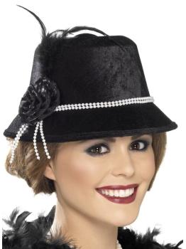 Chapéu dos anos 1920, preto, com miçangas e flor