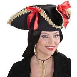 Chapéu de pirata com detalhes dourados e laços