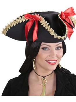 Chapéu de pirata com detalhes dourados e laços
