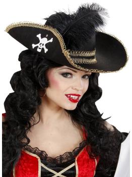 Chapéu de pirata com caveira e pena.