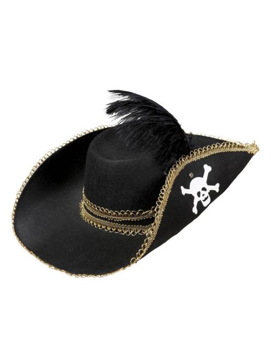 Chapéu de pirata com caveira e pena.