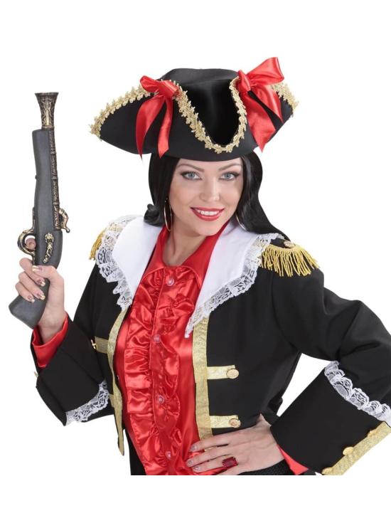 Chapéu de pirata com detalhes dourados e laços