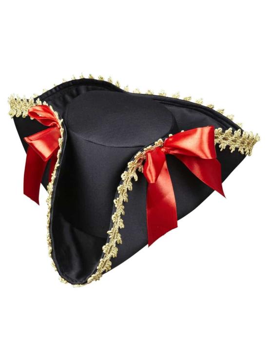 Chapéu de pirata com detalhes dourados e laços