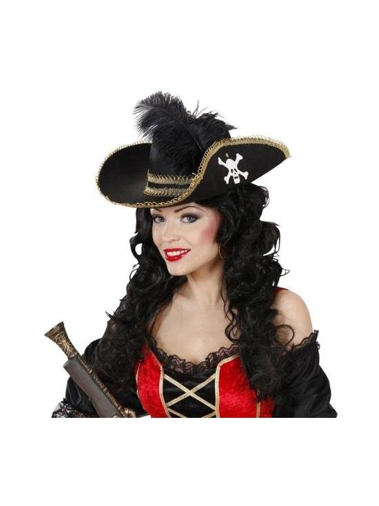 Chapéu de pirata com caveira e pena.