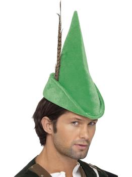 Chapéu verde de luxo estilo Robin Hood ou Peter Pan com pena.