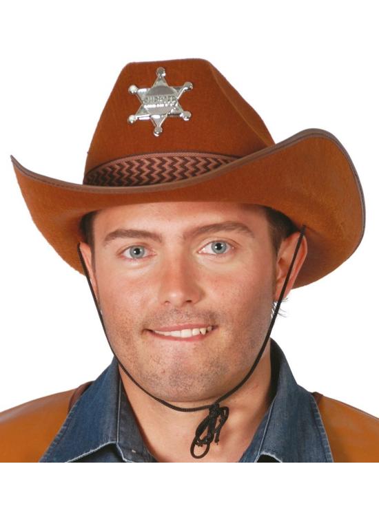 Chapéu de cowboy de xerife de feltro marrom.