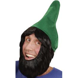 Peruca e barba de gnomo de chapéu verde.