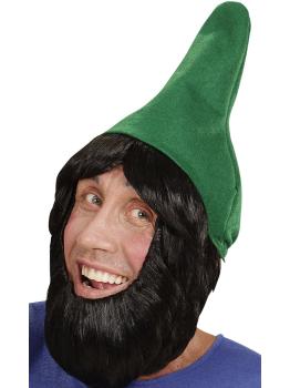 Peruca e barba de gnomo de chapéu verde.
