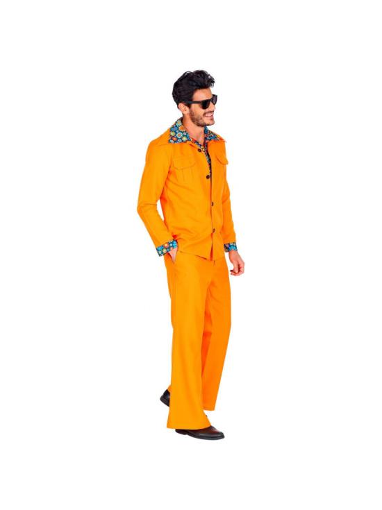 Fato de discoteca laranja dos anos 70 para homem