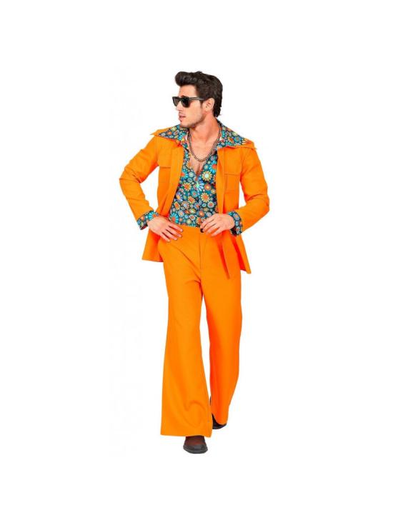 Fato de discoteca laranja dos anos 70 para homem