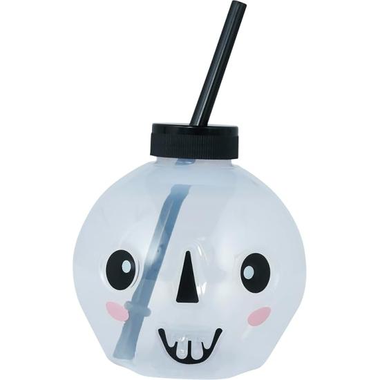 Copo reutilizável em formato de caveira com LED e canudo (17 cm) - Decoração de mesa para festas de Halloween e celebrações com tema de esqueletos - Ideal para eventos assustadores - Branco