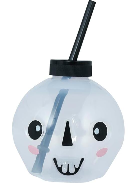 Copo reutilizável em formato de caveira com LED e canudo (17 cm) - Decoração de mesa para festas de Halloween e celebrações com tema de esqueletos - Ideal para eventos assustadores - Branco