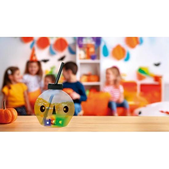 Copo reutilizável em formato de caveira com LED e canudo (17 cm) - Decoração de mesa para festas de Halloween e celebrações com tema de esqueletos - Ideal para eventos assustadores - Branco