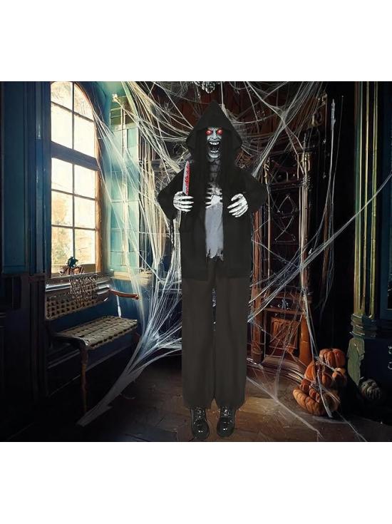 Assassino de Zumbis com Luz, Som e Movimento (180 cm) – Decoração de Halloween – Preto