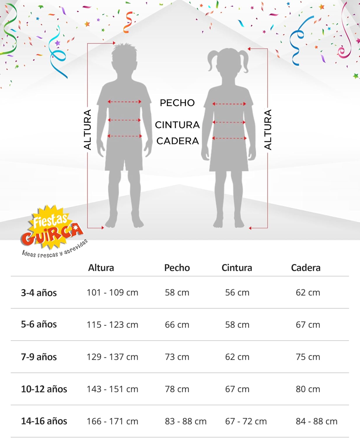 Tabela de tamanhos de Fantasia de Noiva Fantasma para Meninas