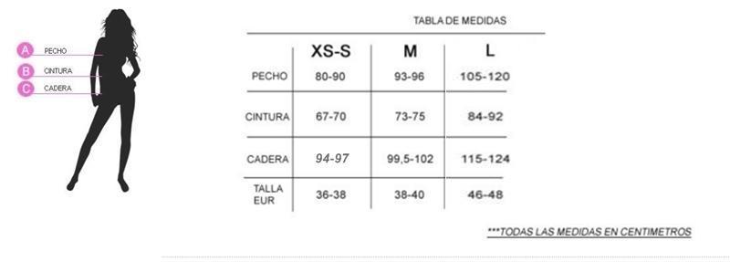 Tabela de tamanhos de Fato de Catrina preta para adulto.