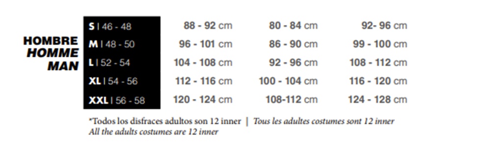 Tabela de tamanhos de Fato de Cruzado Medieval para adulto tamanho L (52-54)