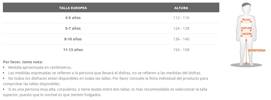Tabela de tamanhos de Disfraz Arlequín Divertido infantil